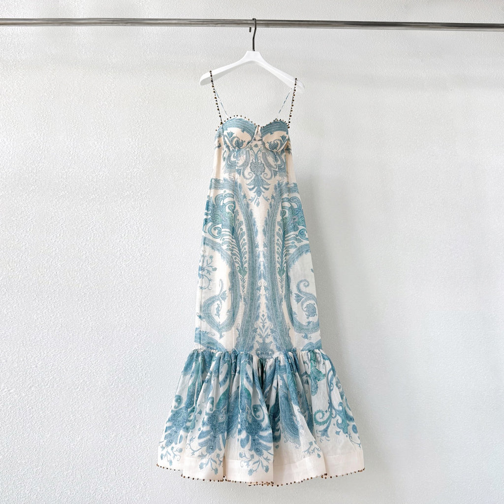 Linen Silk Blend Boho Paisley Print Maxi Dress