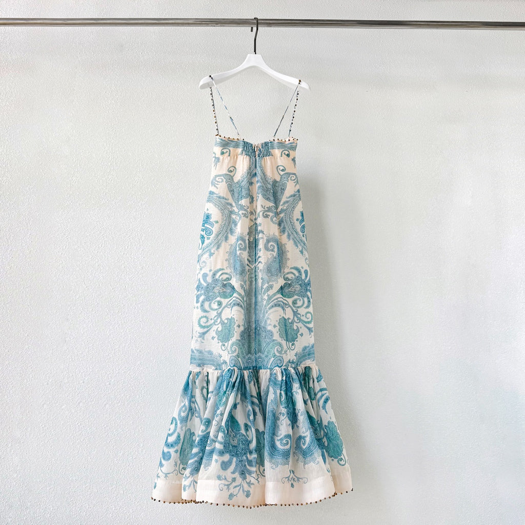 Linen Silk Blend Boho Paisley Print Maxi Dress