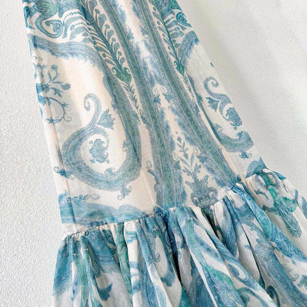 Linen Silk Blend Boho Paisley Print Maxi Dress
