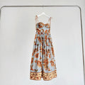 Blue Base Orange Vintage Floral Bustier Tie Strap Maxi Dress