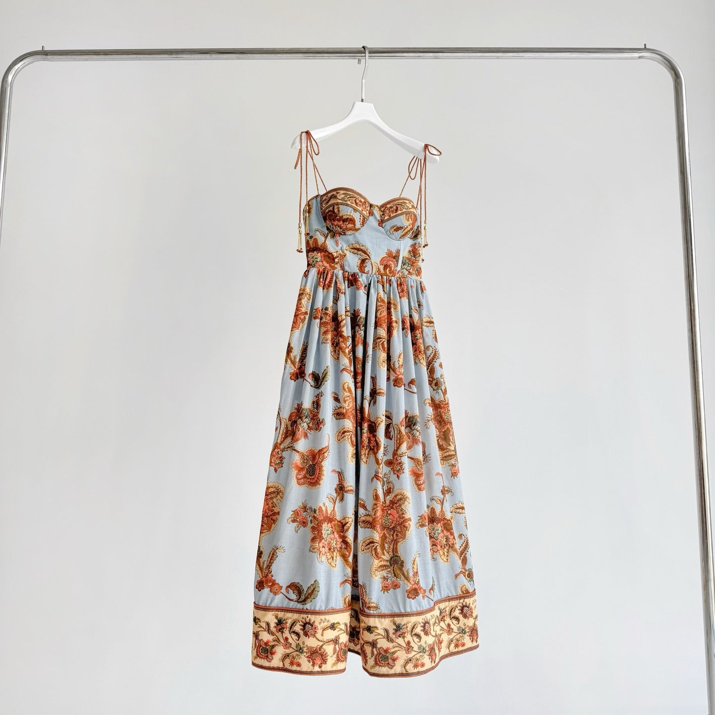 Blue Base Orange Vintage Floral Bustier Tie Strap Maxi Dress