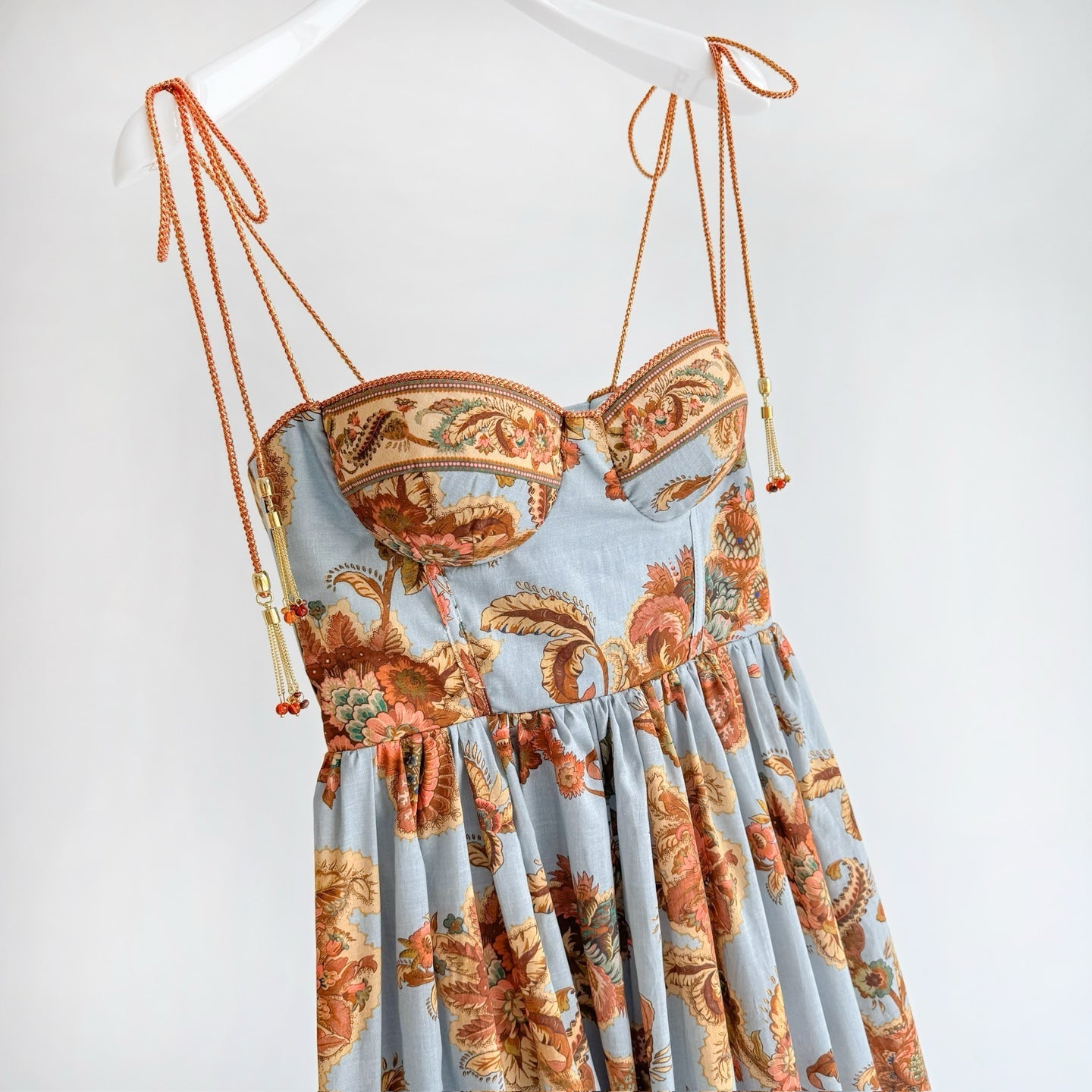 Blue Base Orange Vintage Floral Bustier Tie Strap Maxi Dress