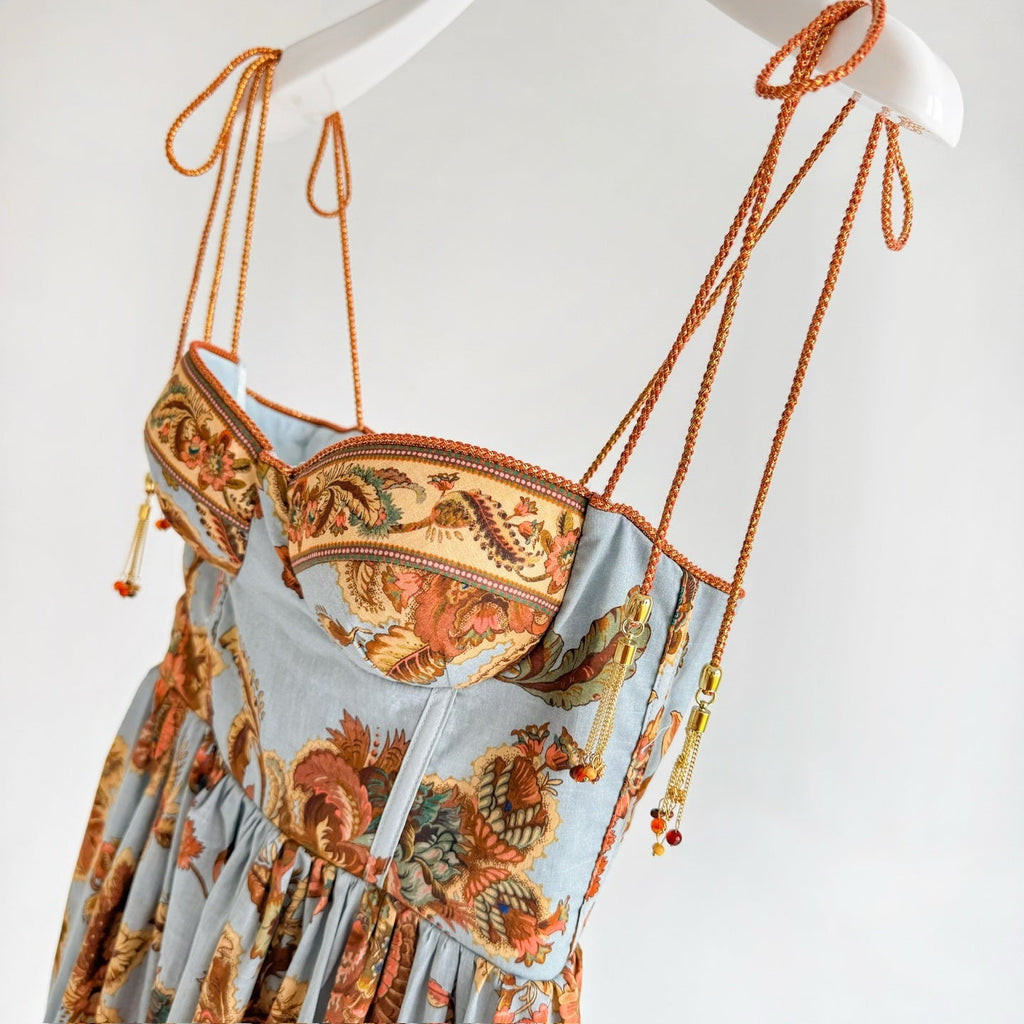 Blue Base Orange Vintage Floral Bustier Tie Strap Maxi Dress