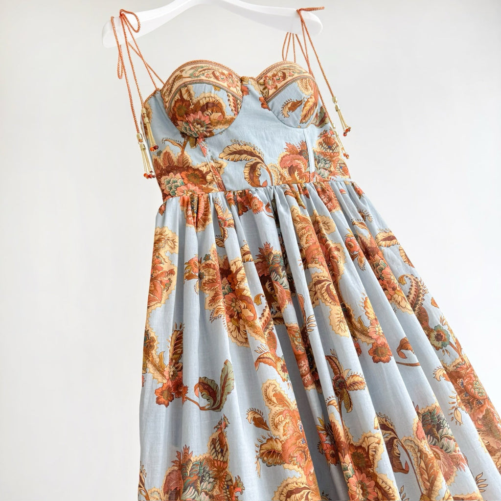 Blue Base Orange Vintage Floral Bustier Tie Strap Maxi Dress