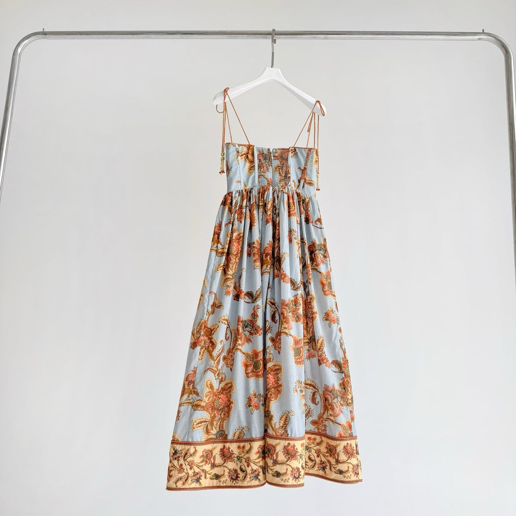 Blue Base Orange Vintage Floral Bustier Tie Strap Maxi Dress
