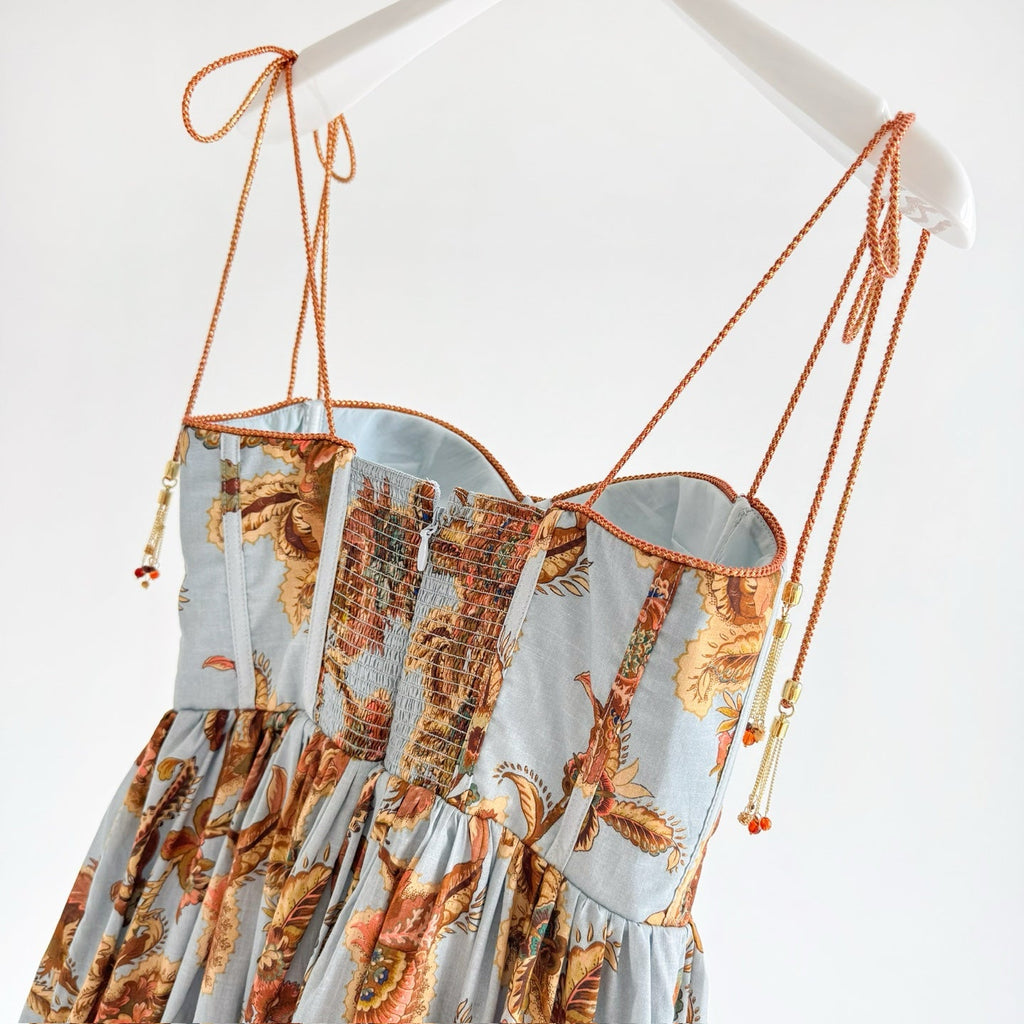 Blue Base Orange Vintage Floral Bustier Tie Strap Maxi Dress