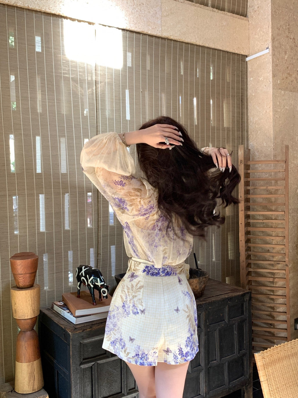 Indigo Wisteria Print High Rise Wide Leg Shorts