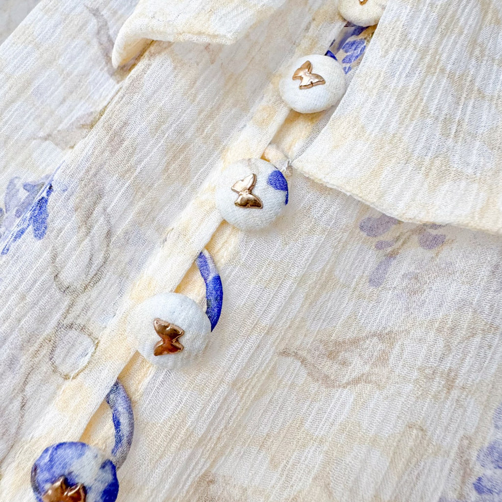 Indigo Wisteria Print Neck Tie Long Sleeve Blouse