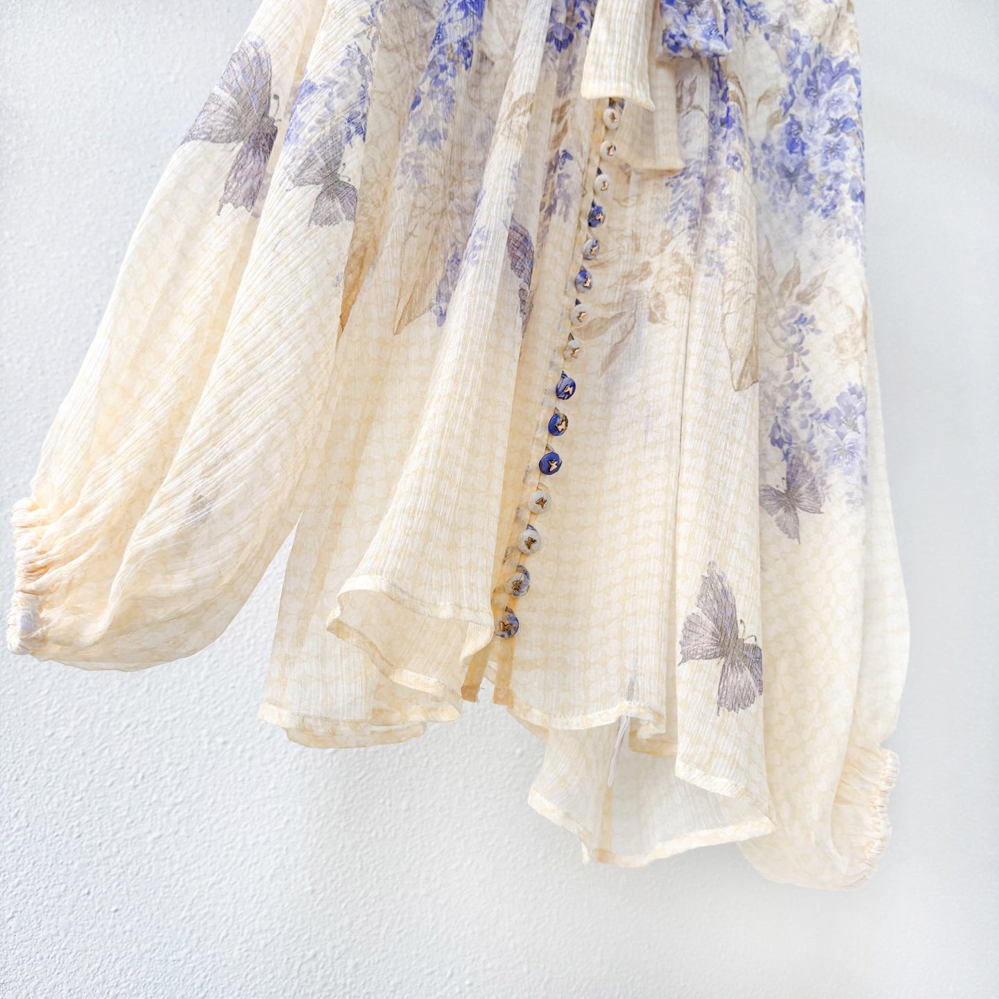 Indigo Wisteria Print Neck Tie Long Sleeve Blouse