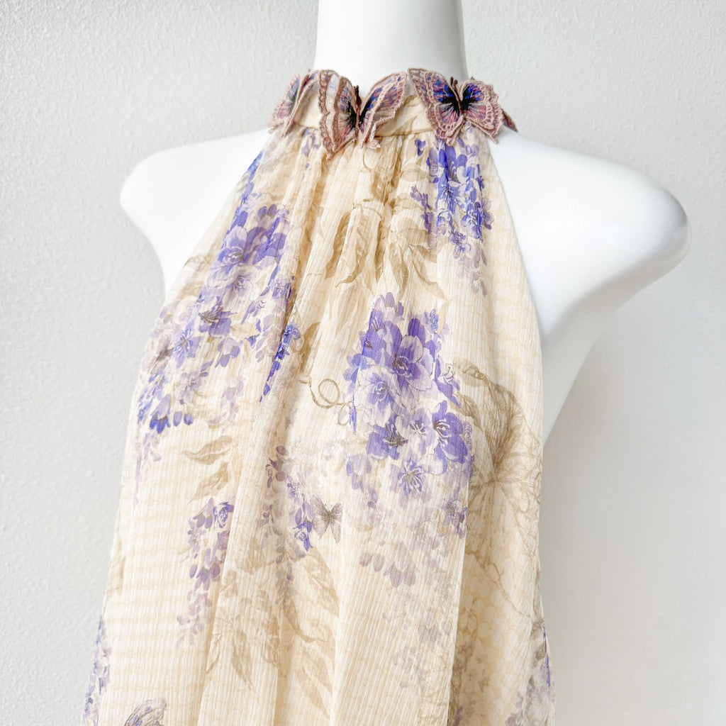 Indigo Wisteria Print Halter Neck Sleeveless Blouse