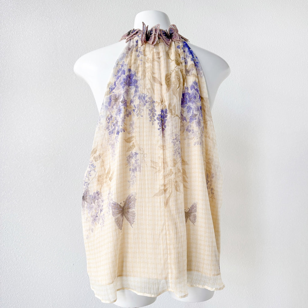 Indigo Wisteria Print Halter Neck Sleeveless Blouse