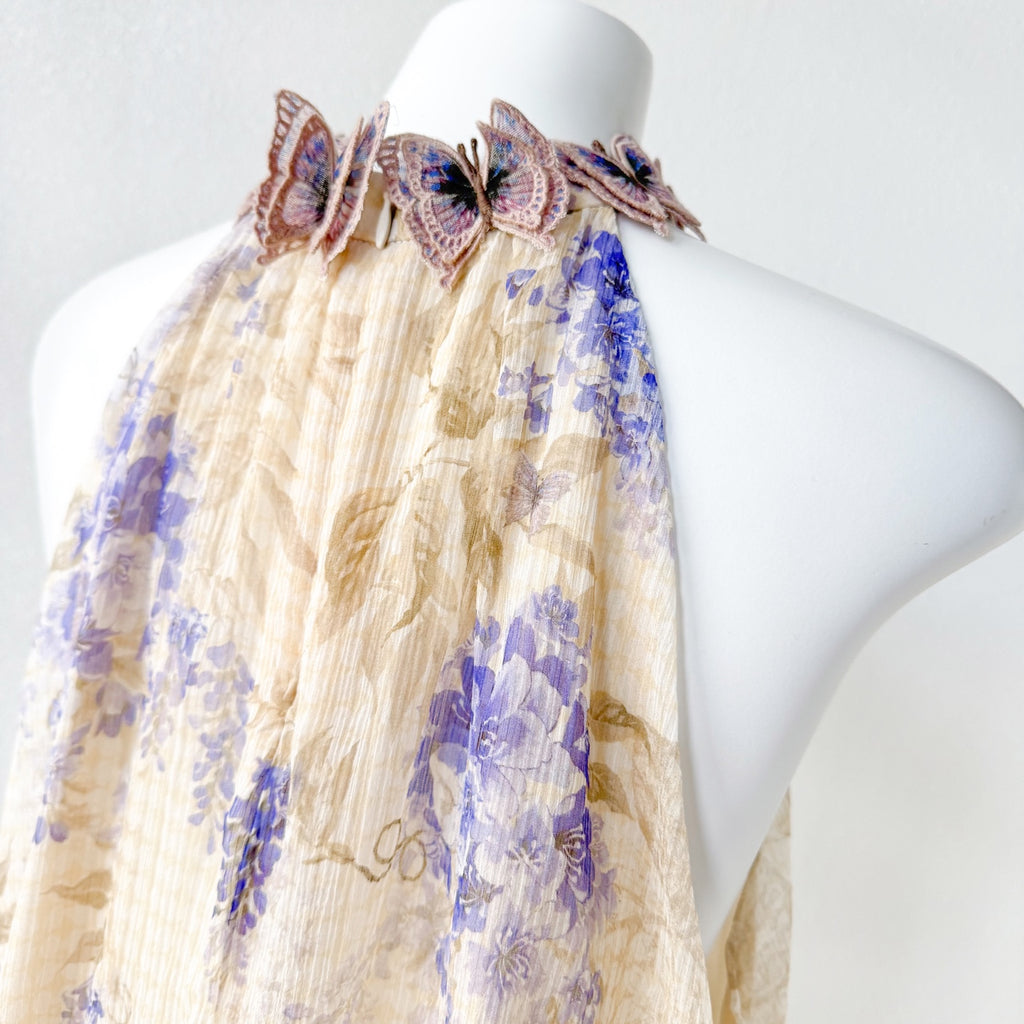Indigo Wisteria Print Halter Neck Sleeveless Blouse