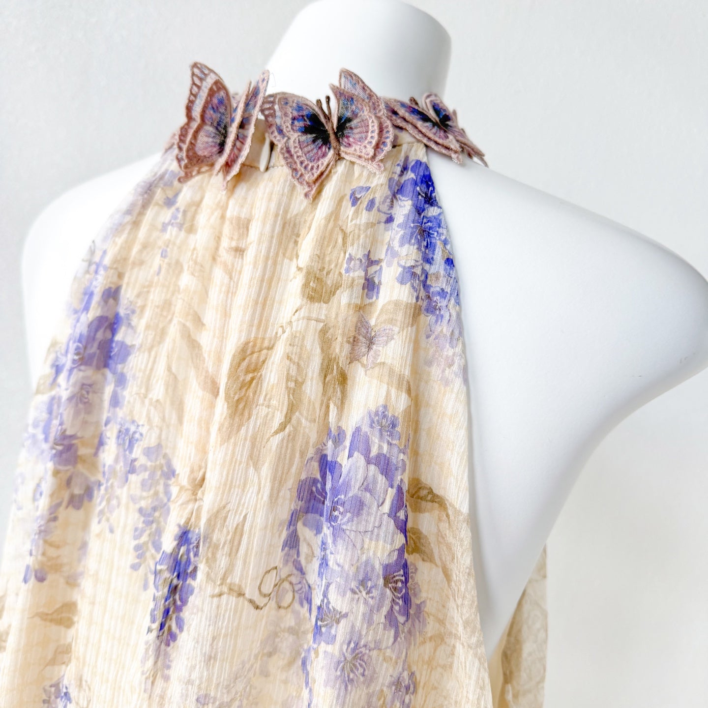 Indigo Wisteria Print Halter Neck Sleeveless Blouse