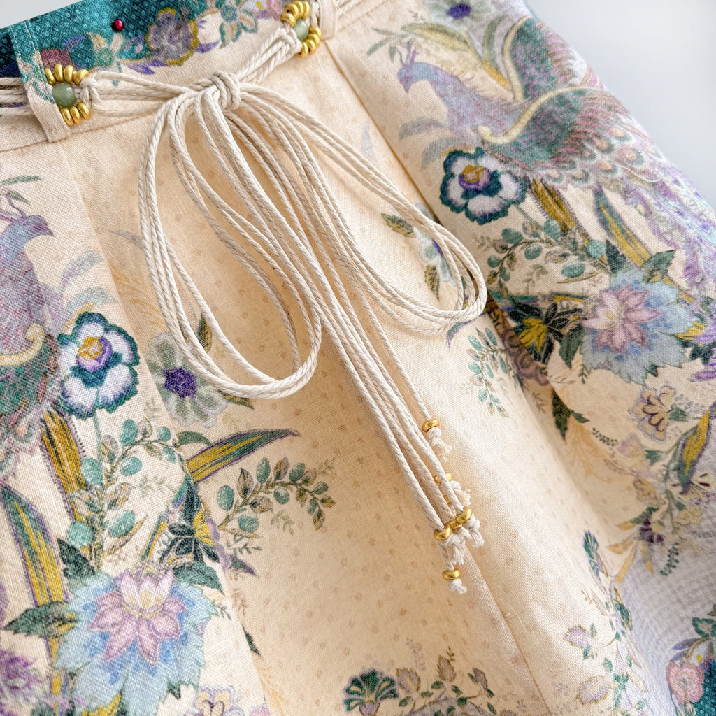 The Indra Billow Blouse Short in Cream Scarf Floral Two piece Set