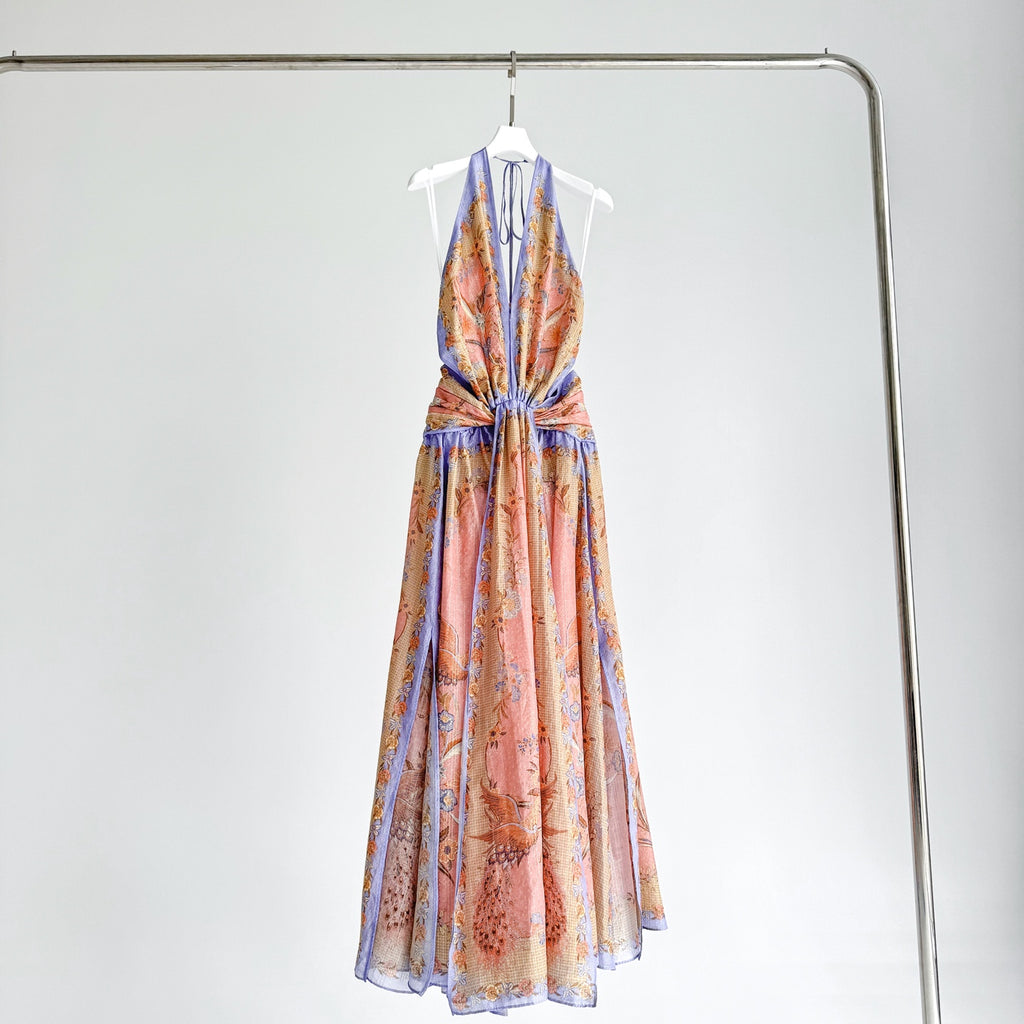 The Indra Plunge Halter Maxi Dress in Pink Scarf Floral