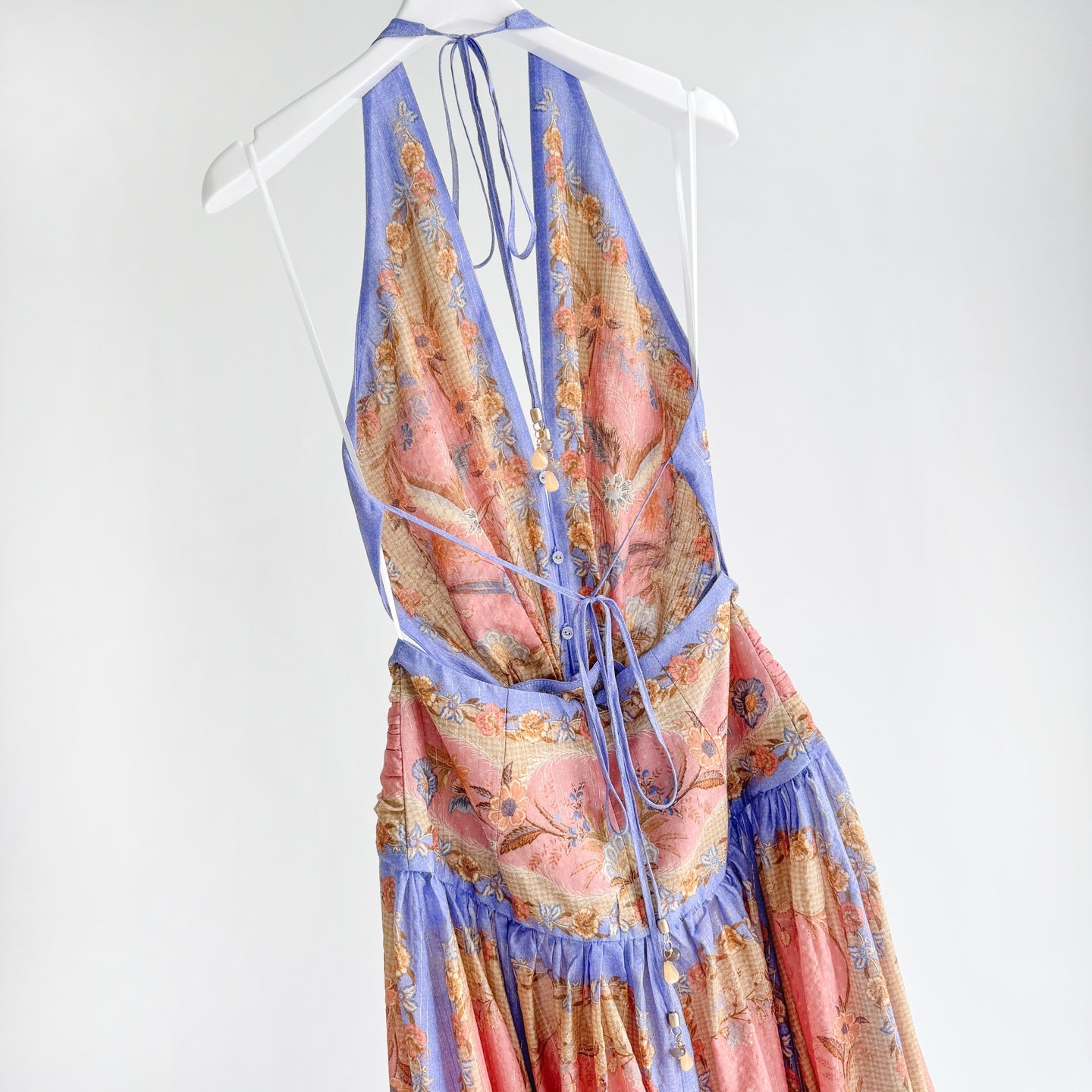 The Indra Plunge Halter Maxi Dress in Pink Scarf Floral
