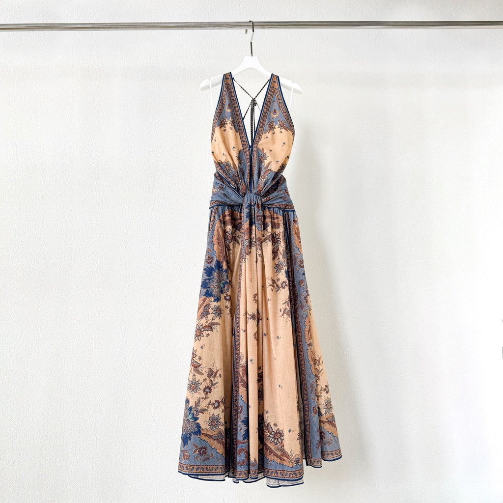The Ascension Plunge Halter Maxi in Blue/Cream Indienne Floral