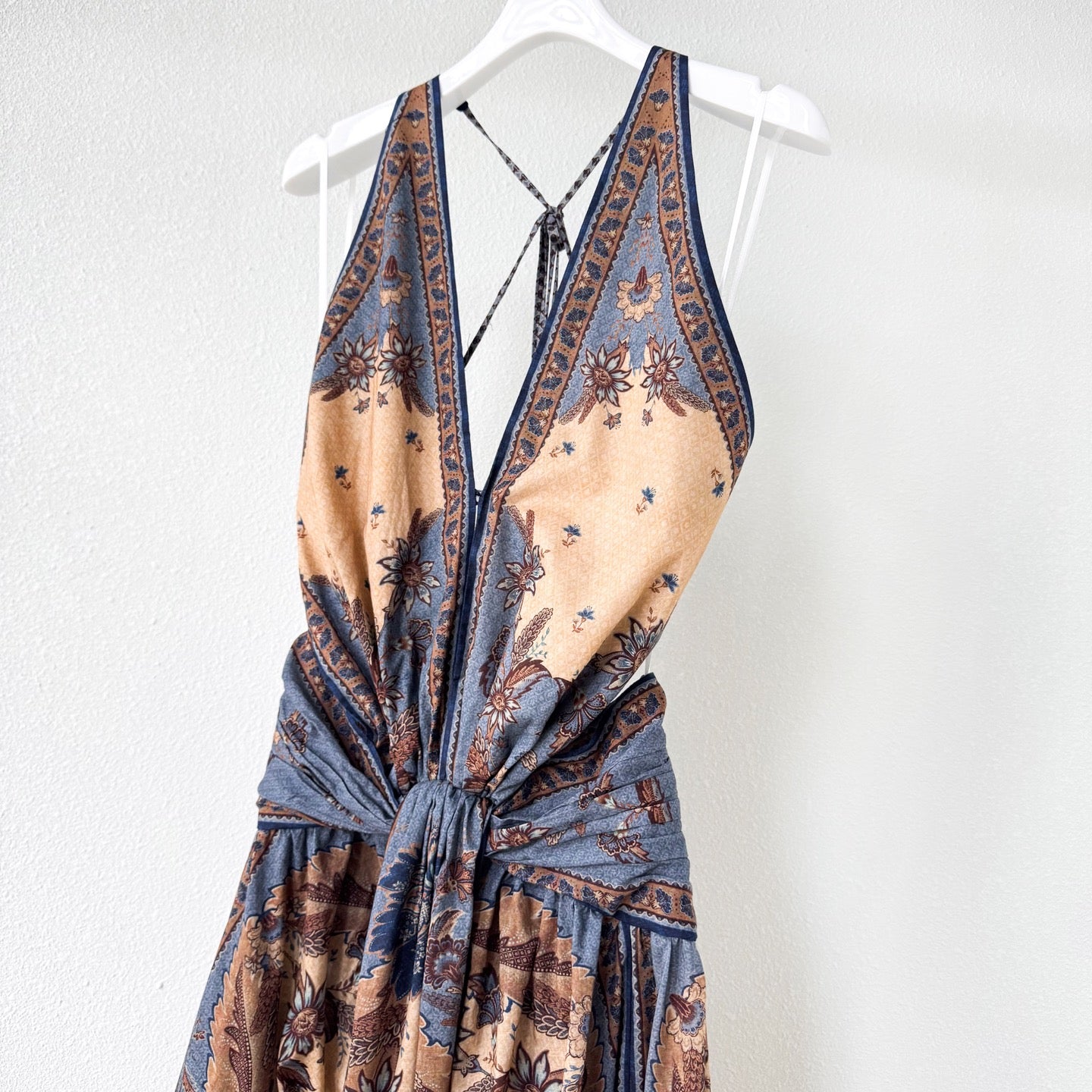 The Ascension Plunge Halter Maxi in Blue/Cream Indienne Floral