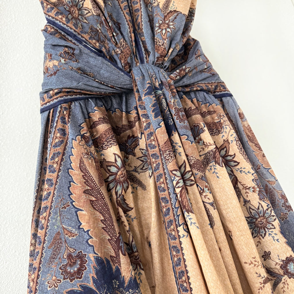 The Ascension Plunge Halter Maxi in Blue/Cream Indienne Floral