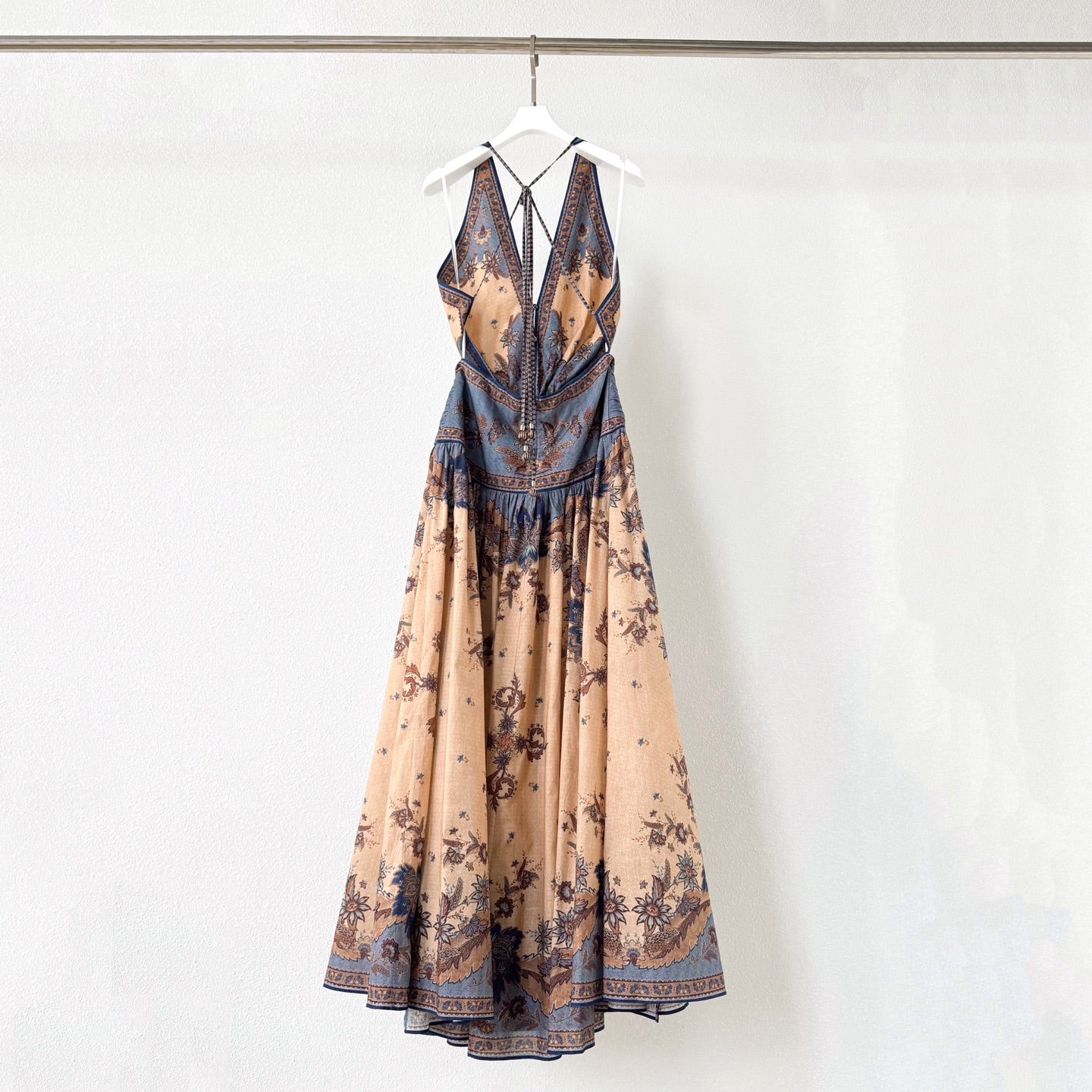 The Ascension Plunge Halter Maxi in Blue/Cream Indienne Floral