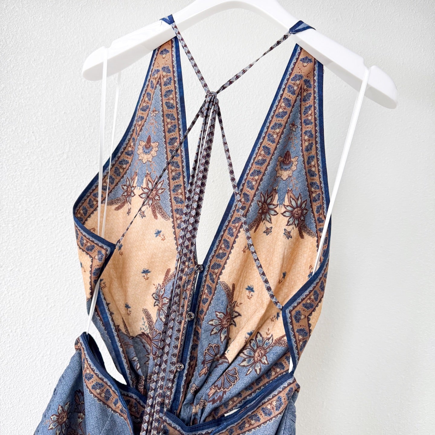 The Ascension Plunge Halter Maxi in Blue/Cream Indienne Floral