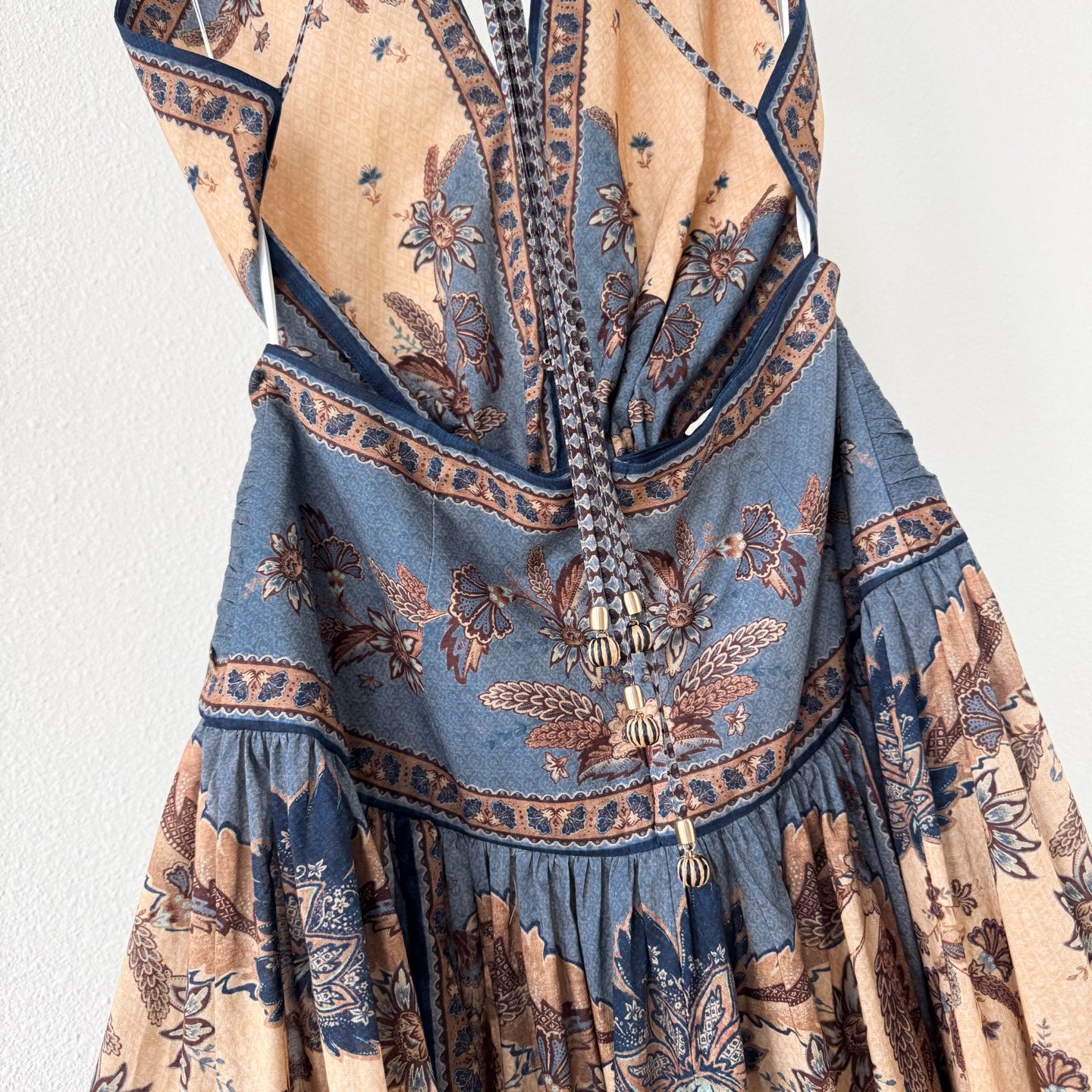 The Ascension Plunge Halter Maxi in Blue/Cream Indienne Floral