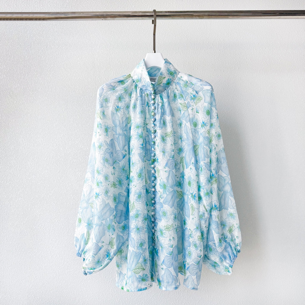 Light Blue Floral Stand Collar Lantern Sleeve Two-Piece Set