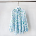 Light Blue Floral Stand Collar Lantern Sleeve Two-Piece Set