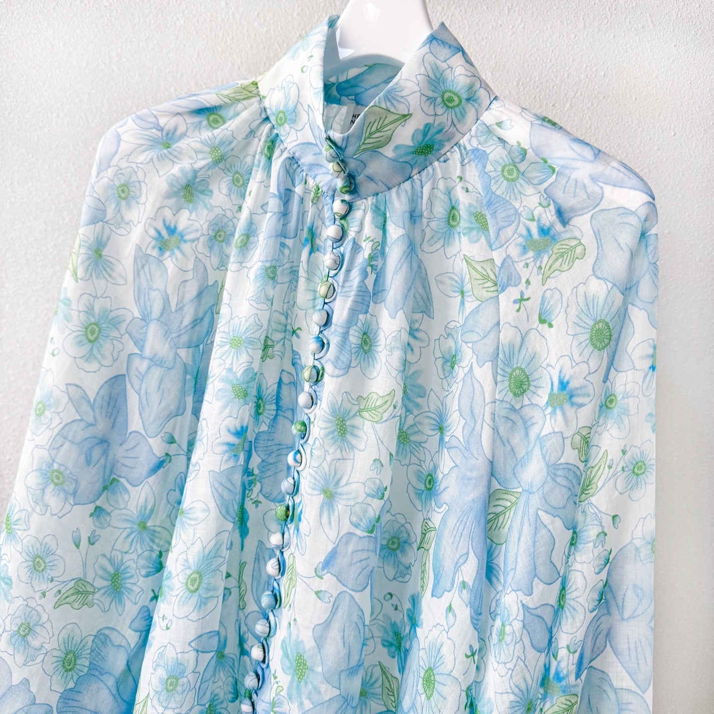 Light Blue Floral Stand Collar Lantern Sleeve Two-Piece Set