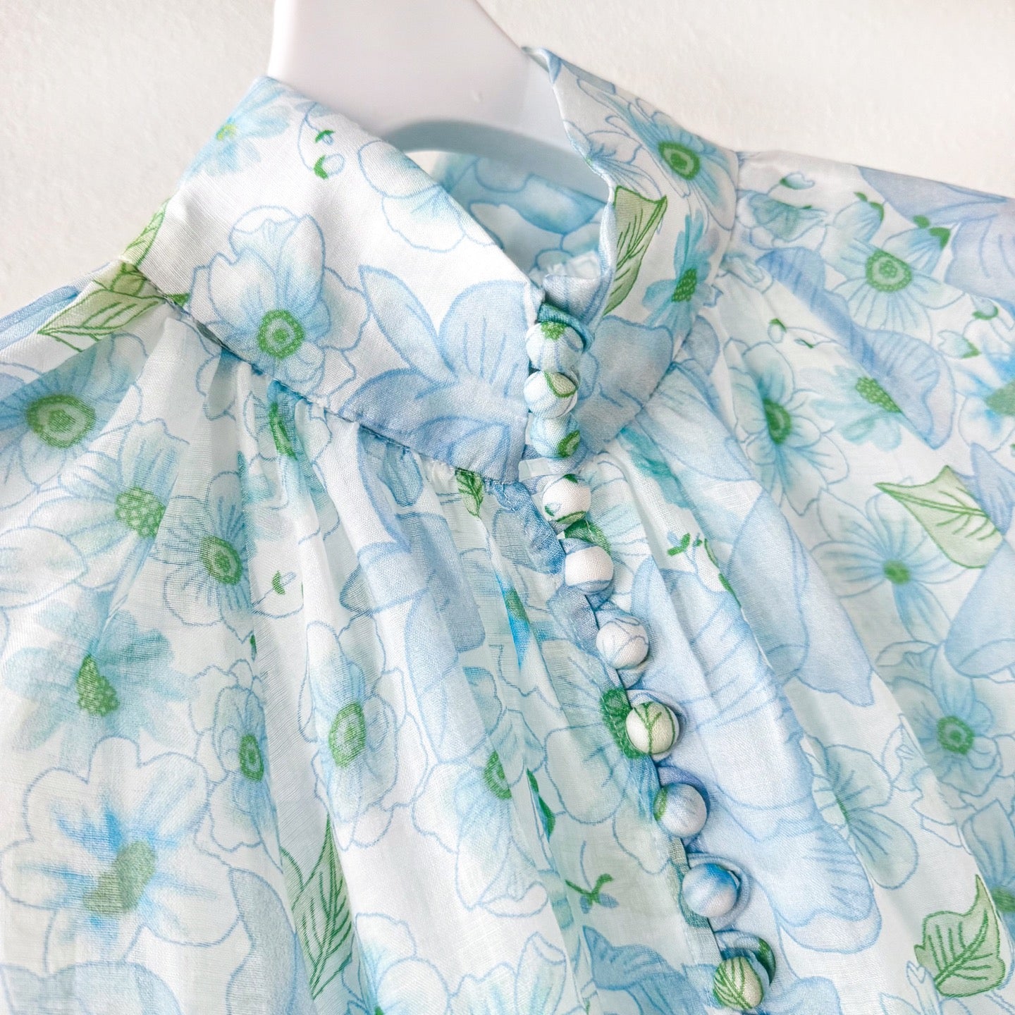 Light Blue Floral Stand Collar Lantern Sleeve Two-Piece Set