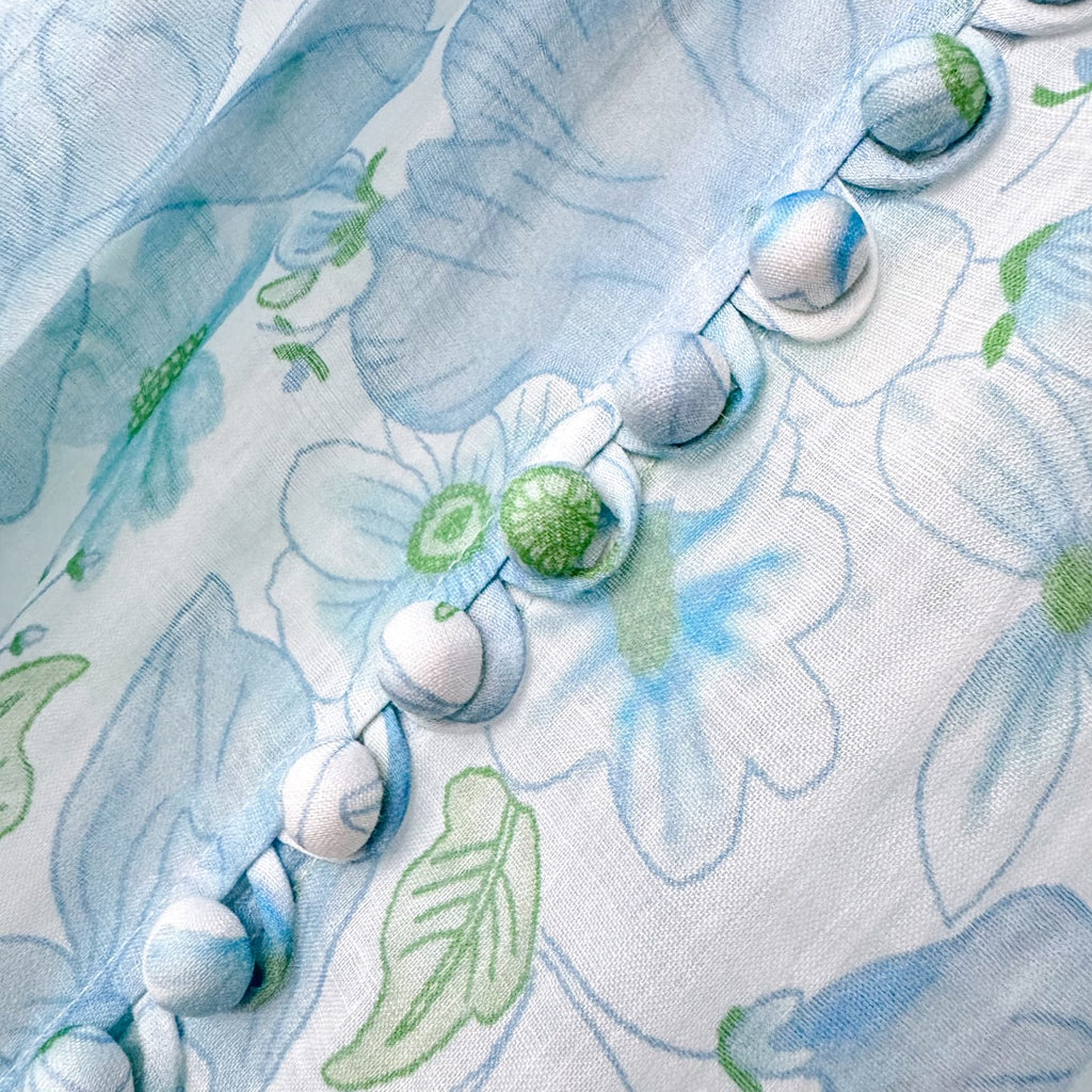 Light Blue Floral Stand Collar Lantern Sleeve Two-Piece Set