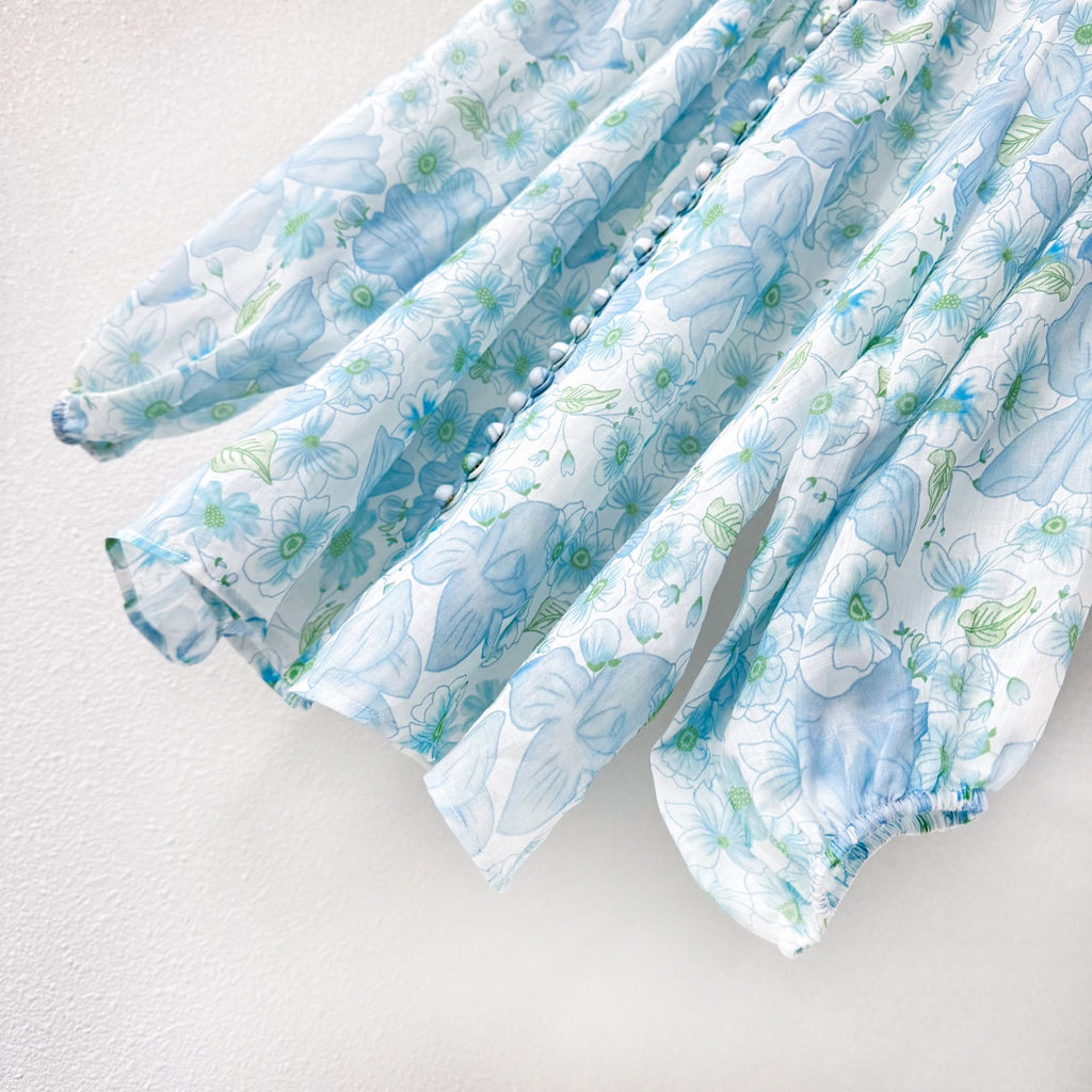 Light Blue Floral Stand Collar Lantern Sleeve Two-Piece Set