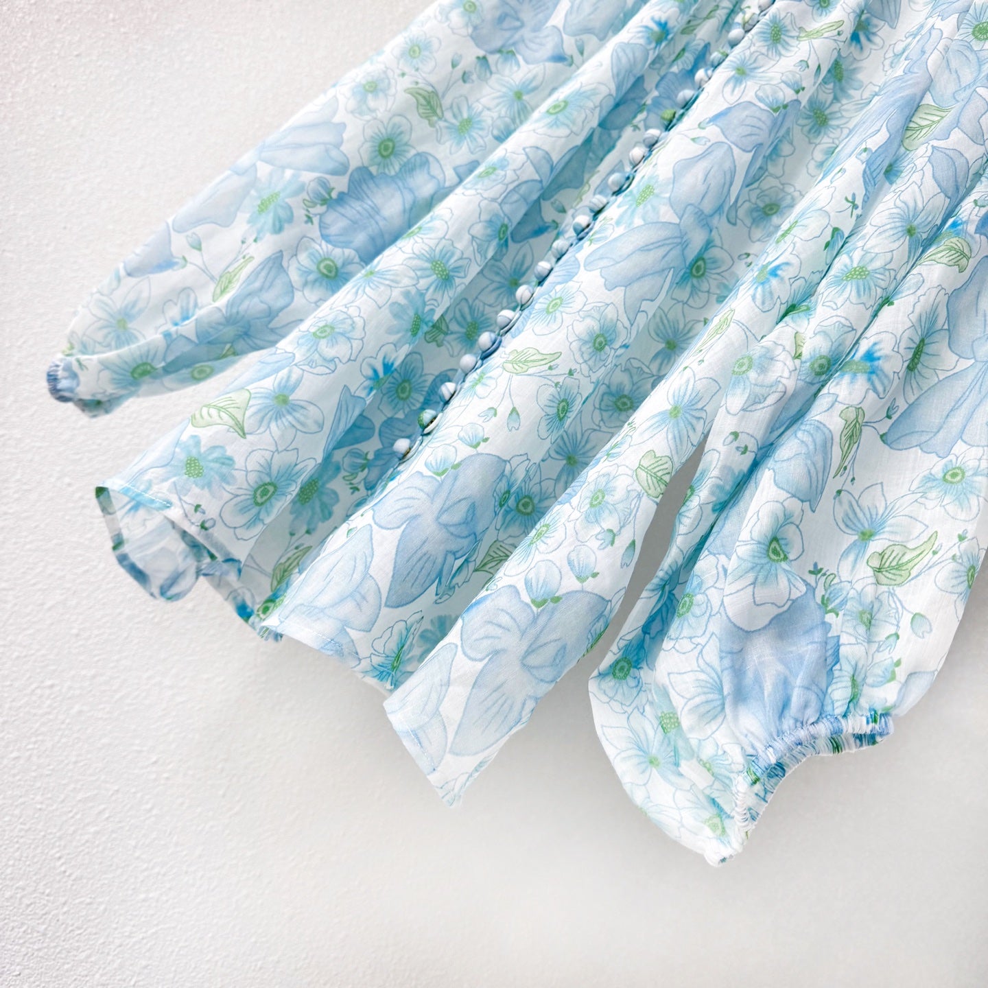 Light Blue Floral Stand Collar Lantern Sleeve Two-Piece Set