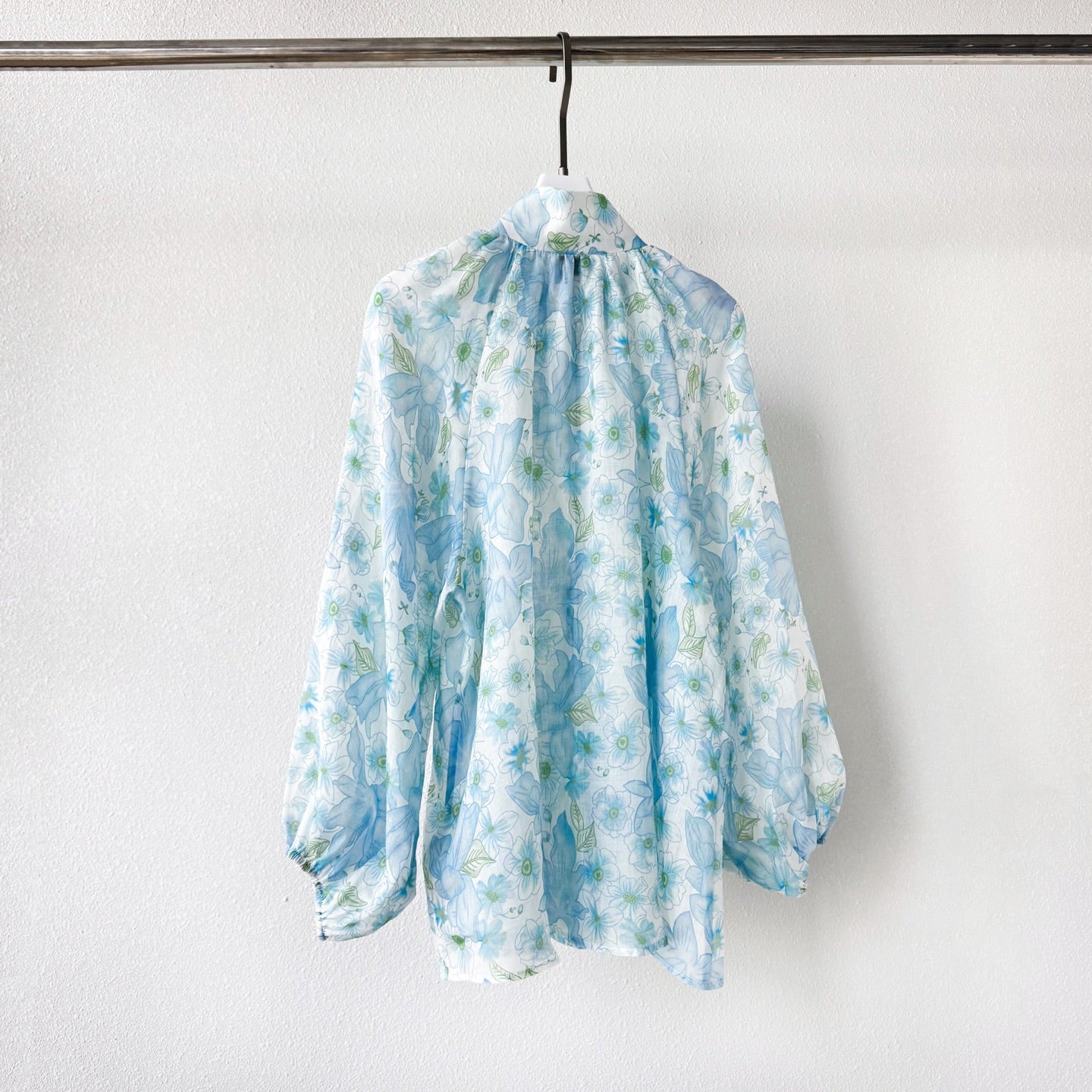 Light Blue Floral Stand Collar Lantern Sleeve Two-Piece Set