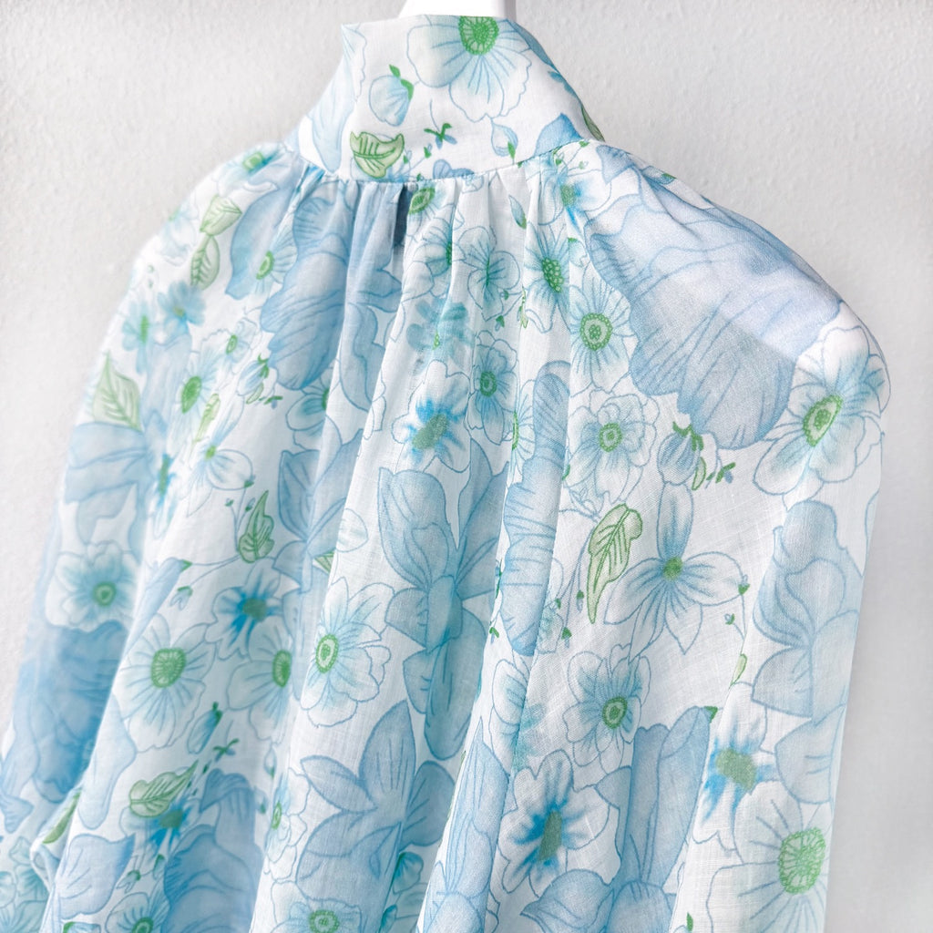 Light Blue Floral Stand Collar Lantern Sleeve Two-Piece Set