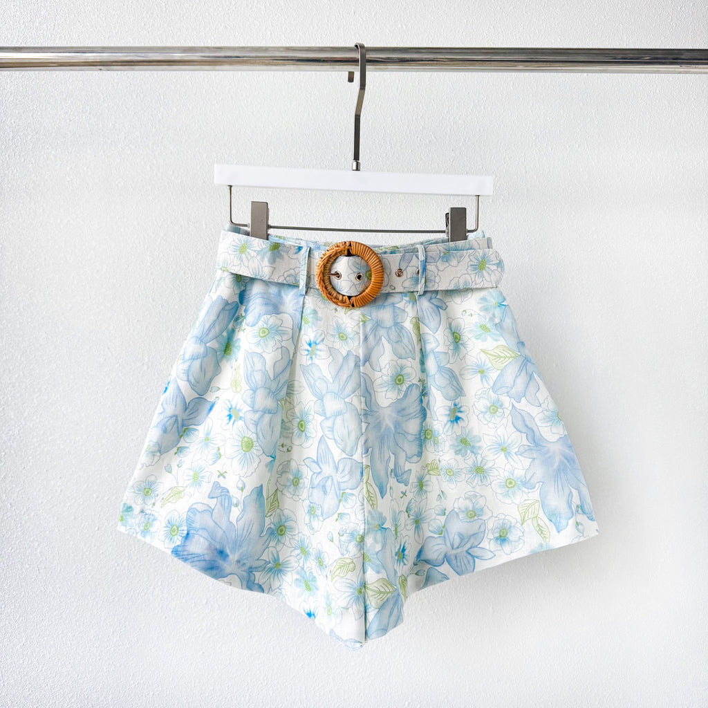 Light Blue Floral Stand Collar Lantern Sleeve Two-Piece Set