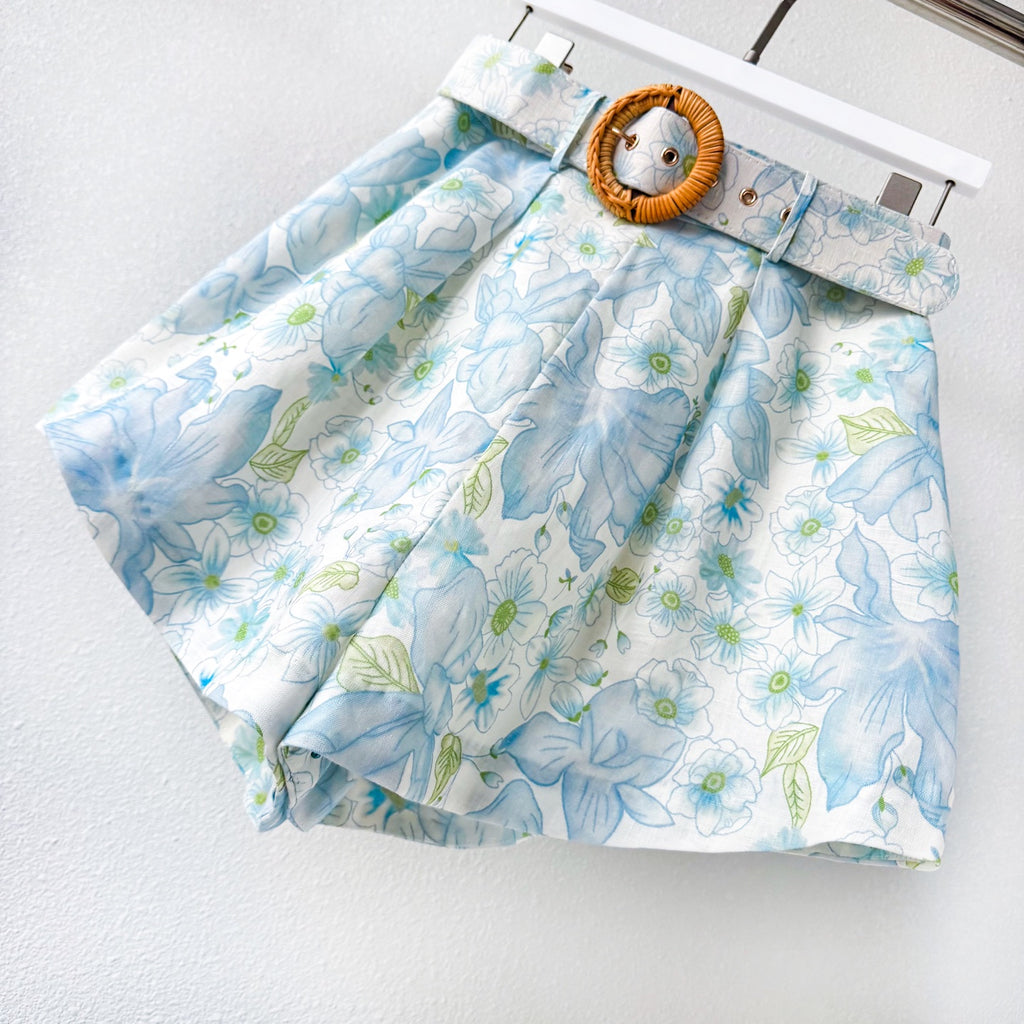 Light Blue Floral Stand Collar Lantern Sleeve Two-Piece Set