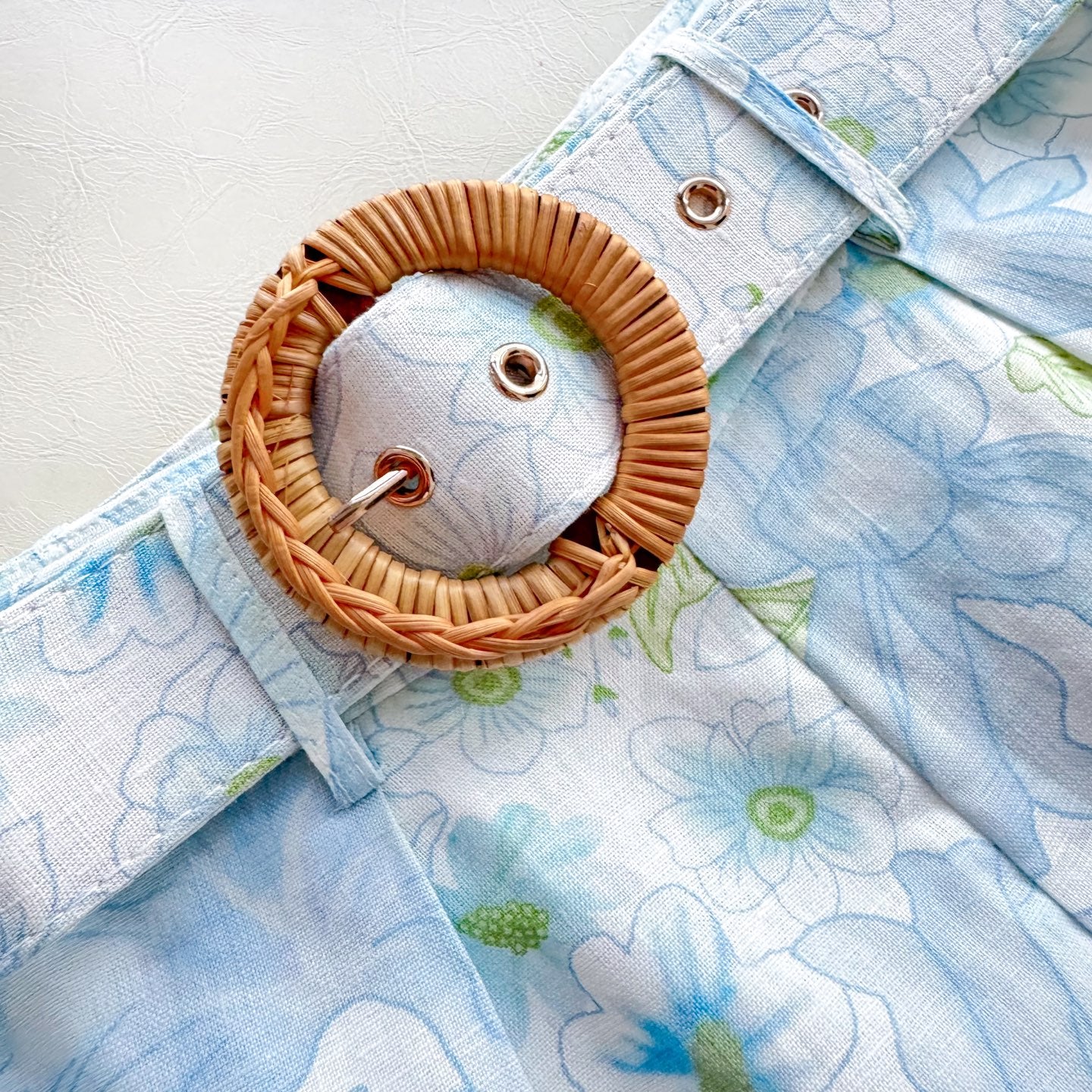 Light Blue Floral Stand Collar Lantern Sleeve Two-Piece Set