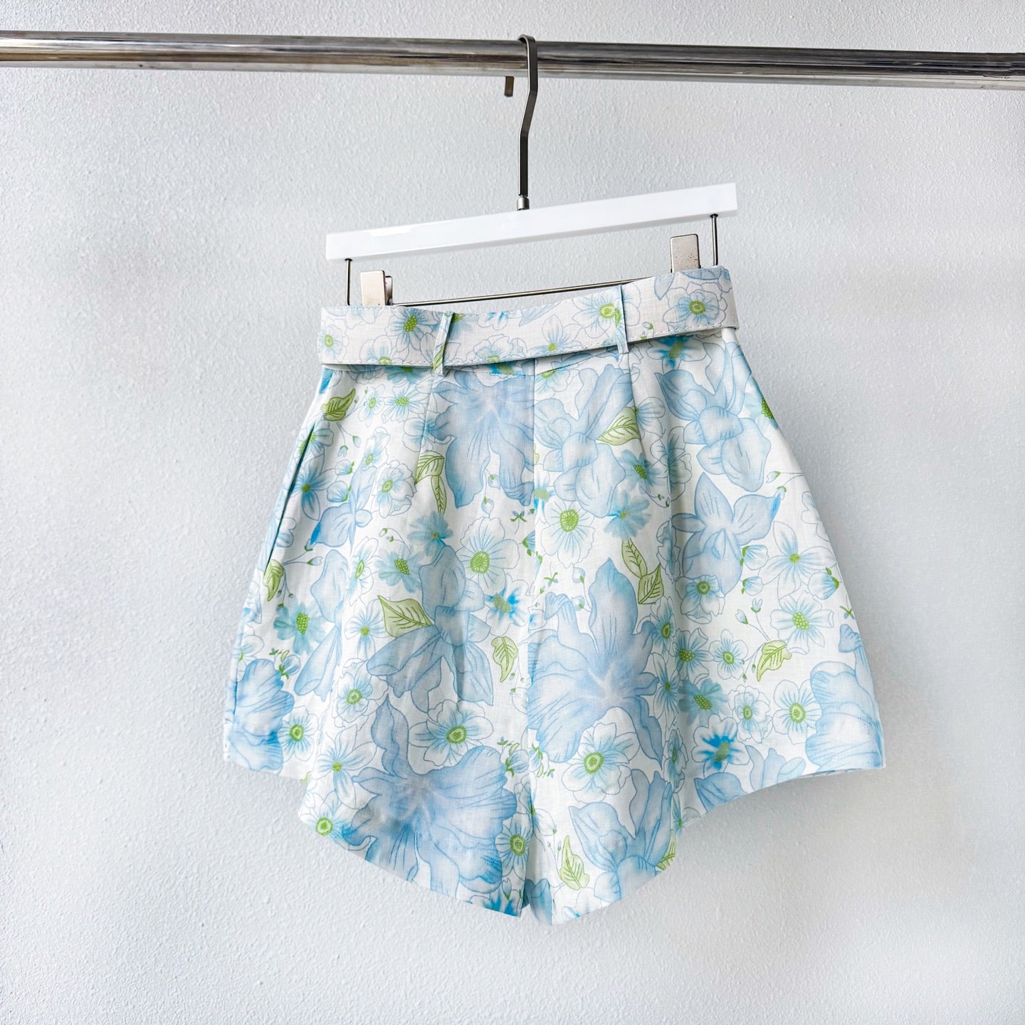 Light Blue Floral Stand Collar Lantern Sleeve Two-Piece Set