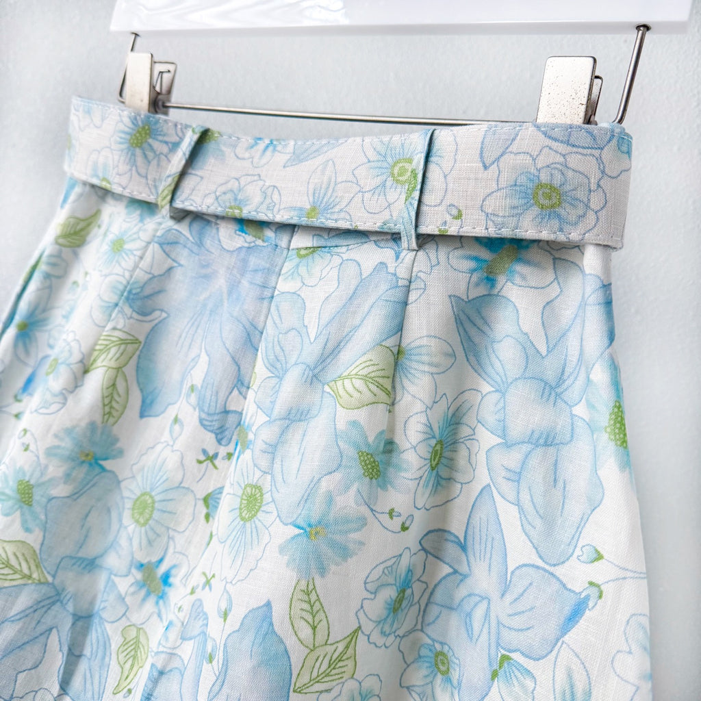 Light Blue Floral Stand Collar Lantern Sleeve Two-Piece Set