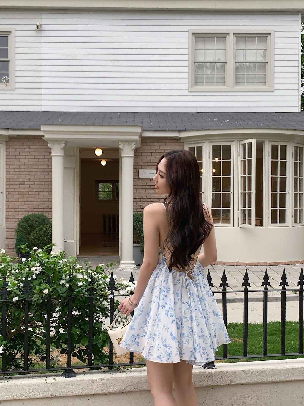 Light Blue White Tiny Floral Print V-Neck Camisole Mini Dress