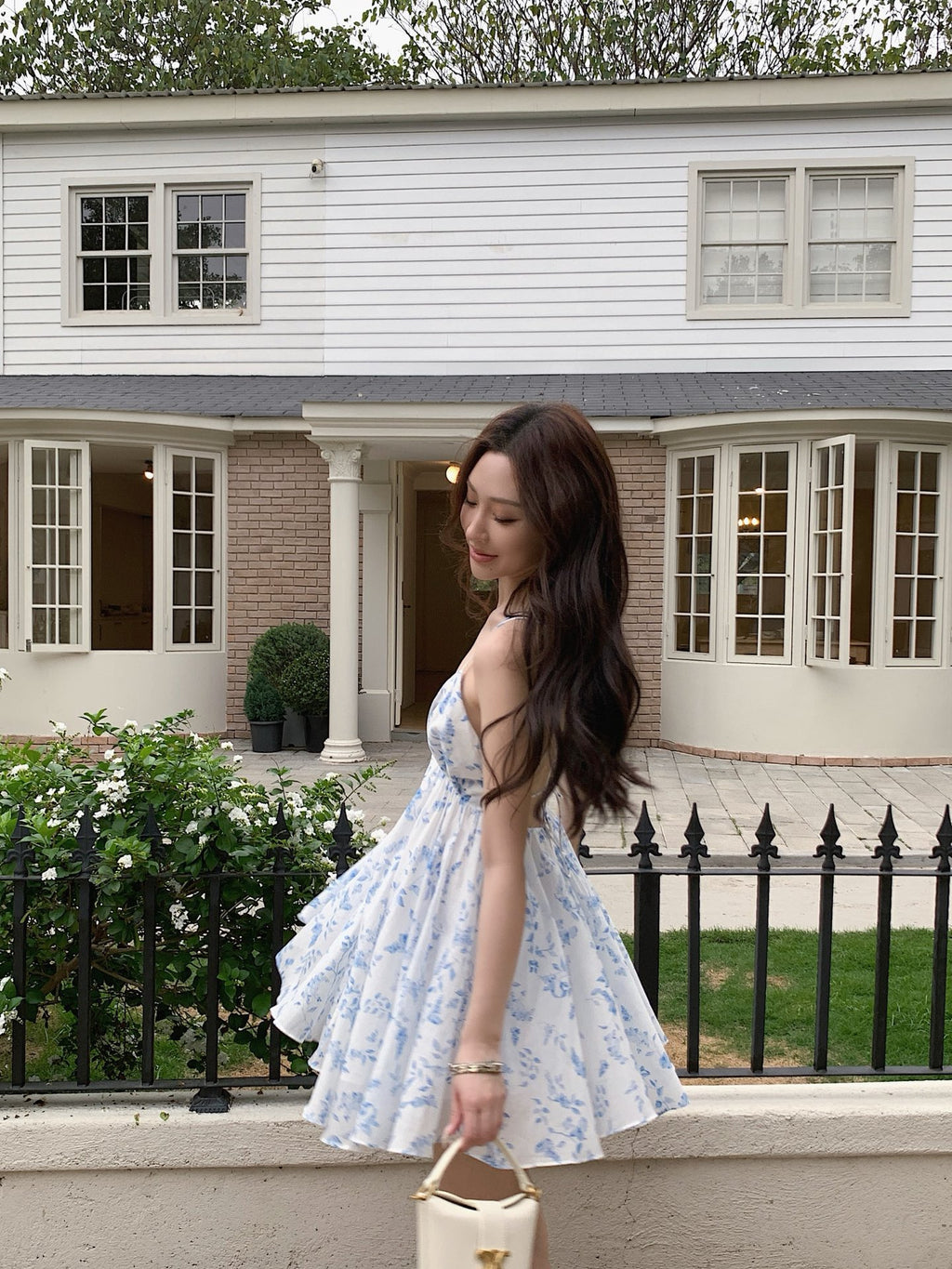 Light Blue White Tiny Floral Print V-Neck Camisole Mini Dress