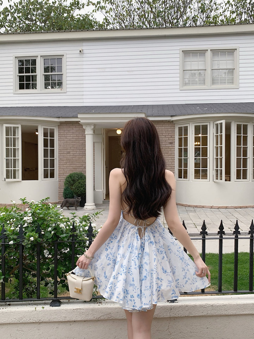 Light Blue White Tiny Floral Print V-Neck Camisole Mini Dress
