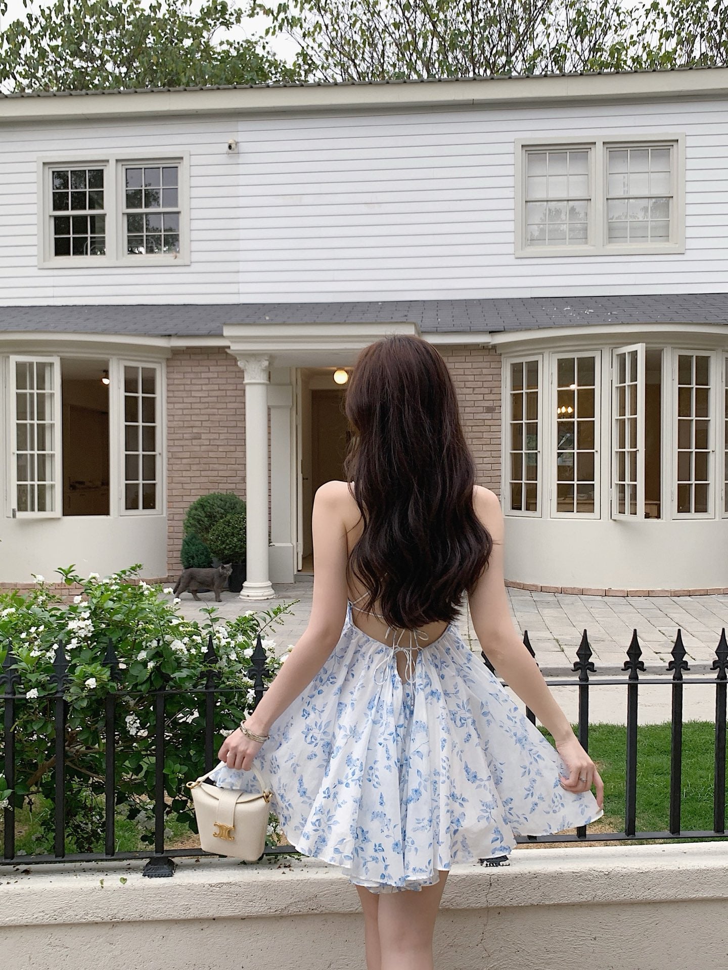 Light Blue White Tiny Floral Print V-Neck Camisole Mini Dress