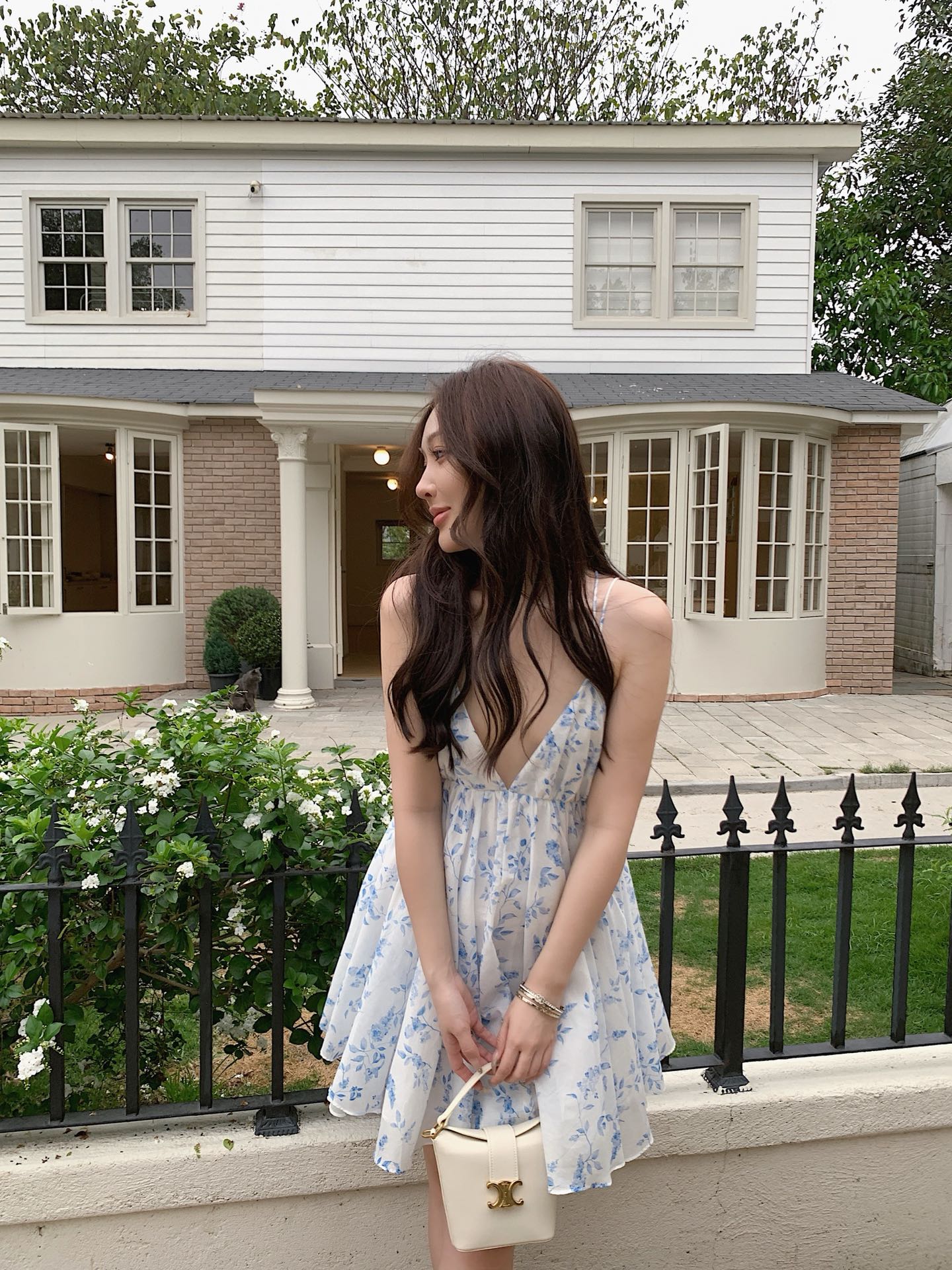 Light Blue White Tiny Floral Print V-Neck Camisole Mini Dress
