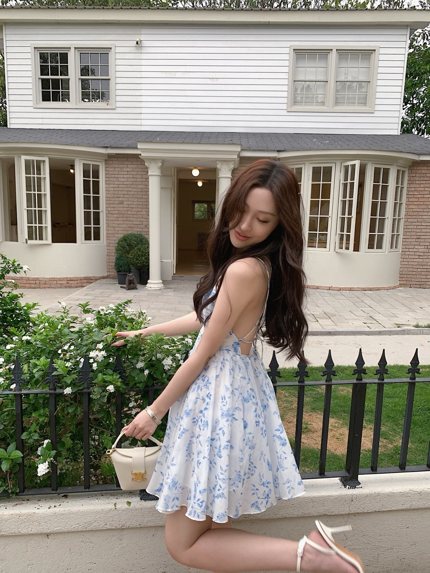 Light Blue White Tiny Floral Print V-Neck Camisole Mini Dress