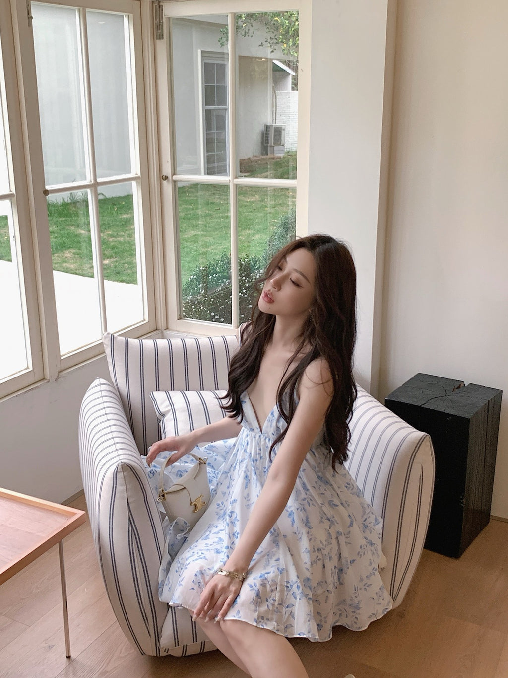 Light Blue White Tiny Floral Print V-Neck Camisole Mini Dress
