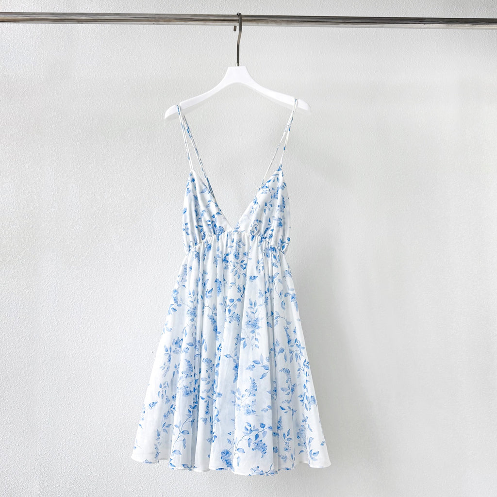 Light Blue White Tiny Floral Print V-Neck Camisole Mini Dress