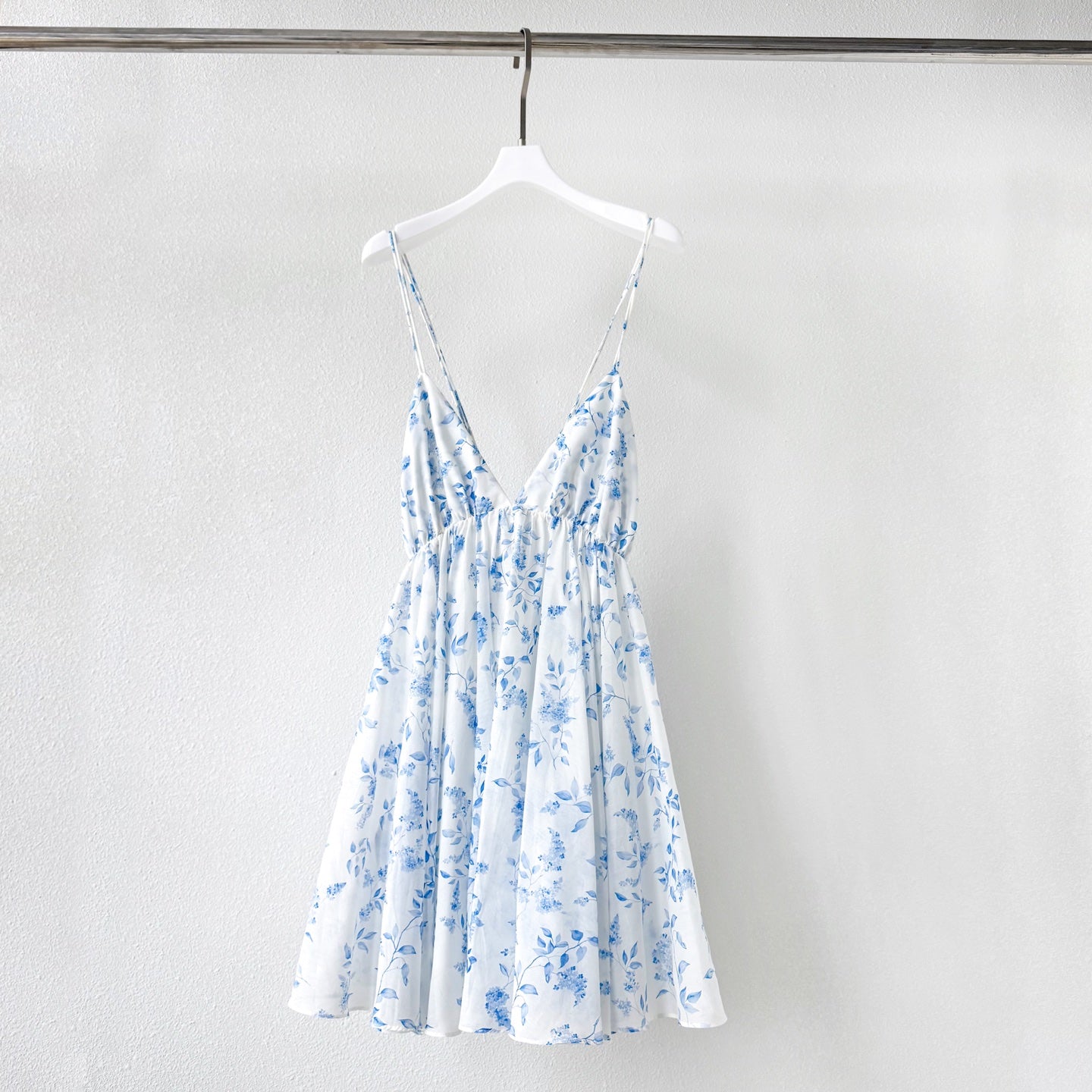 Light Blue White Tiny Floral Print V-Neck Camisole Mini Dress