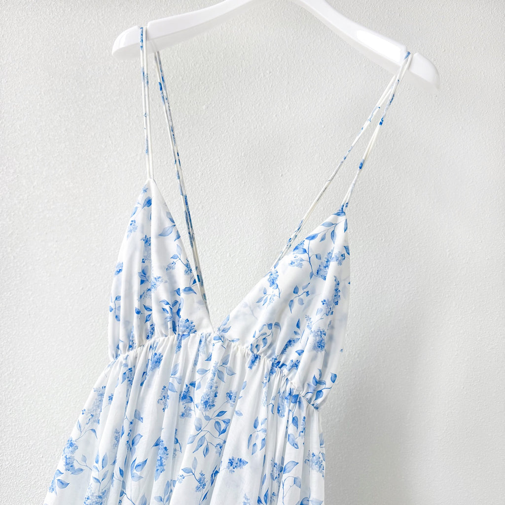 Light Blue White Tiny Floral Print V-Neck Camisole Mini Dress